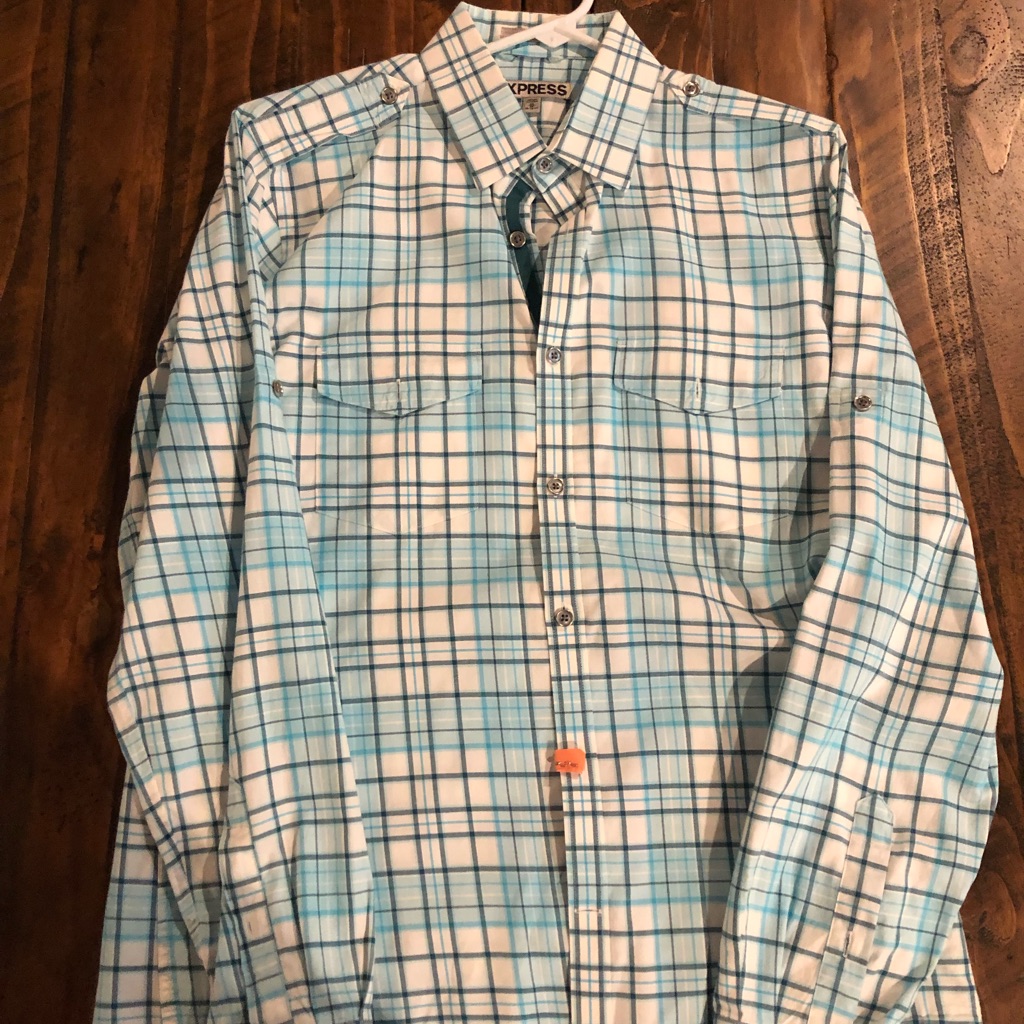 Express Light Blue And Navy Blue Button Down.